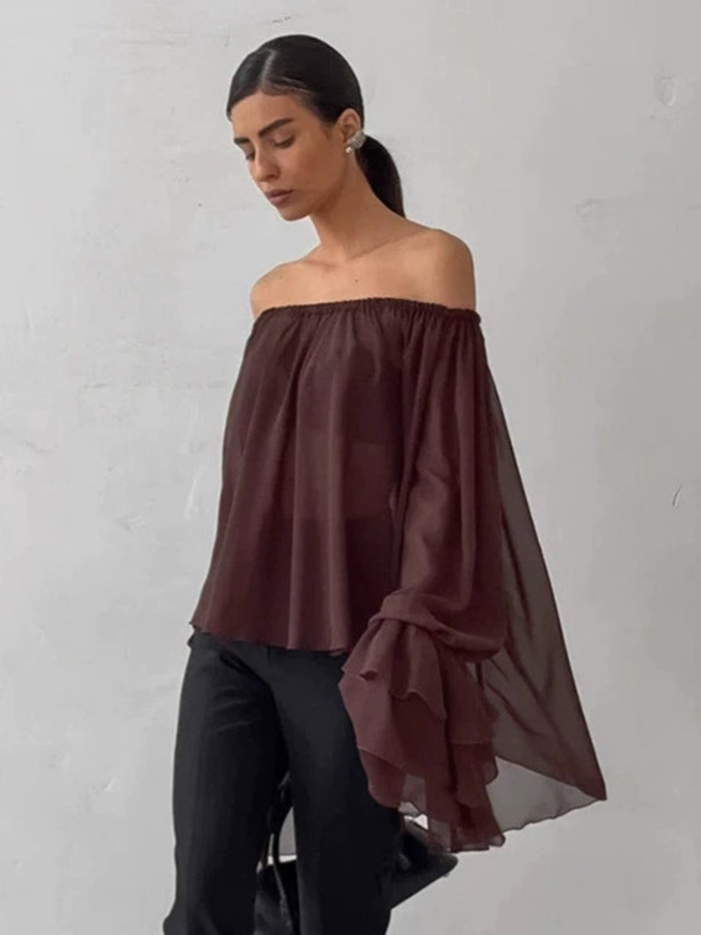 Forever 21 Dark Brown Off Shoulder Ruffle Lightweight Long Sleeve Chiffon Top